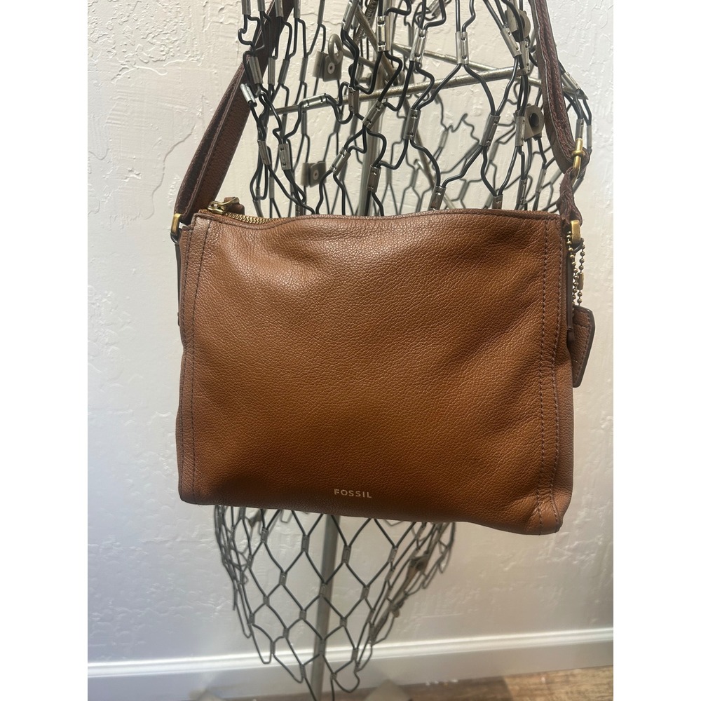 Fossil Womens Pebbled Leather Crossbody Bag Cognac Brown Small Purse